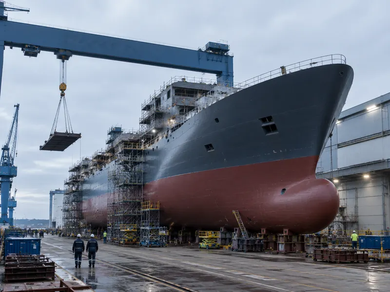 AI-generated illustration of a ship under construction in a shipyard