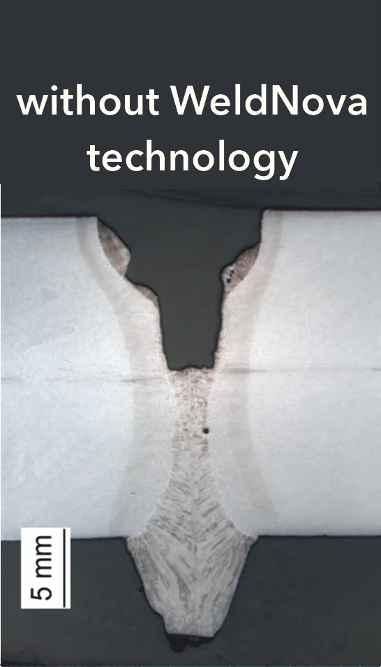 Macrograph of a weld without WeldNova technology: the weld pool drops through and the joint is not filled